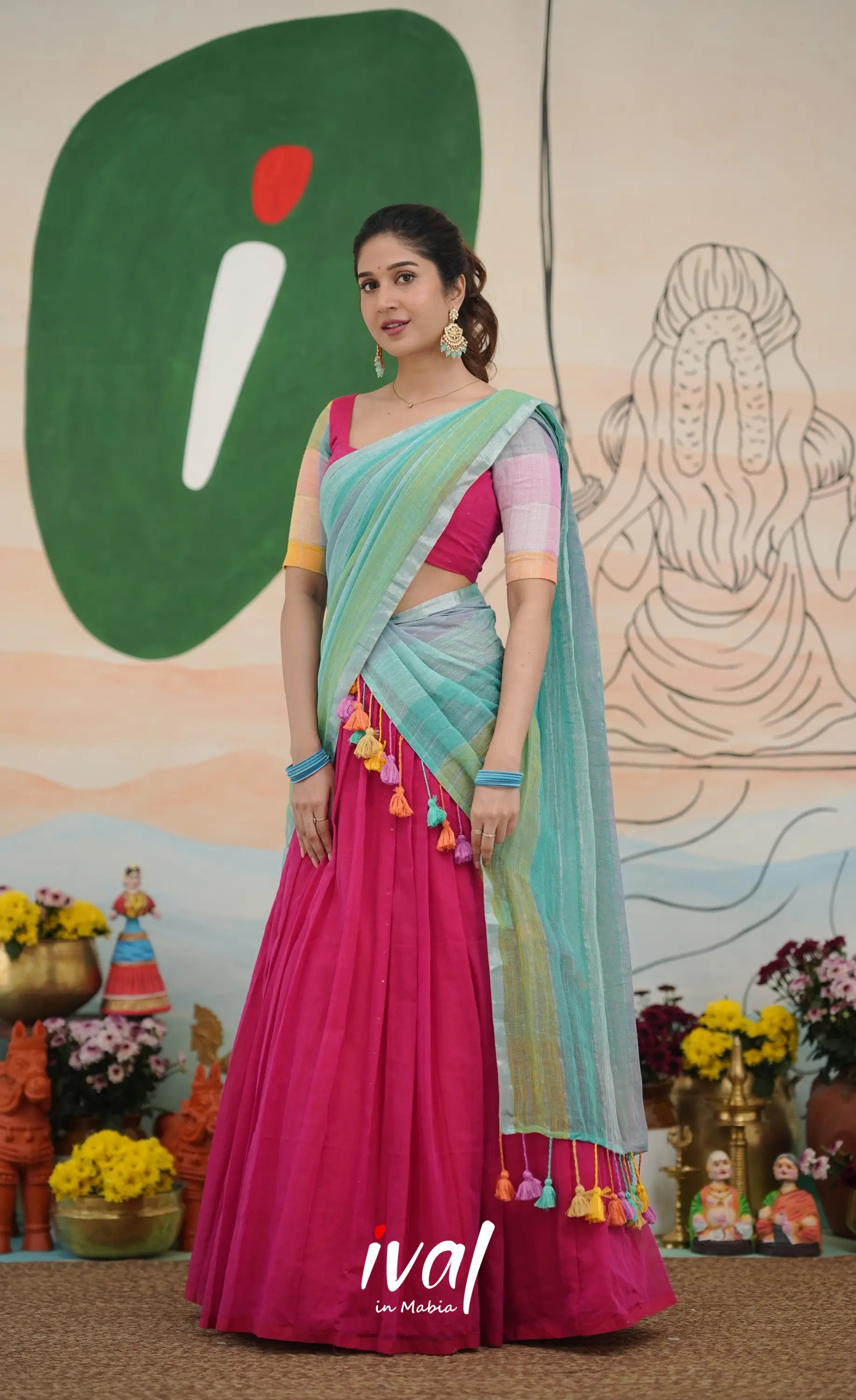 Hot pink with Pastel blue cotton Halfsaree Half Sarees