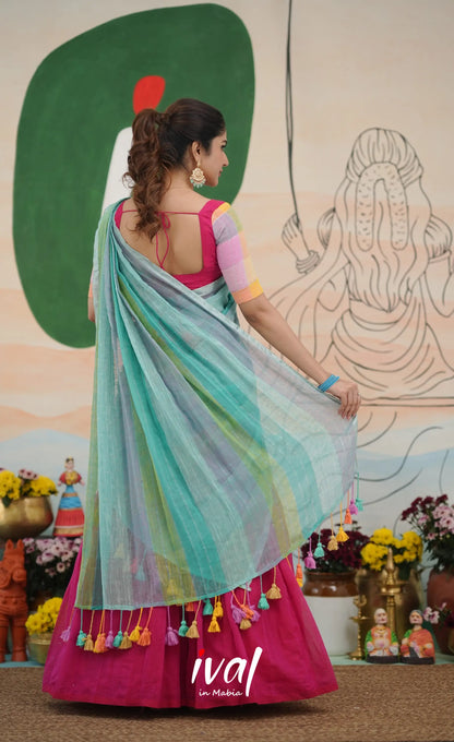 Hot pink with Pastel blue cotton Halfsaree Half Sarees