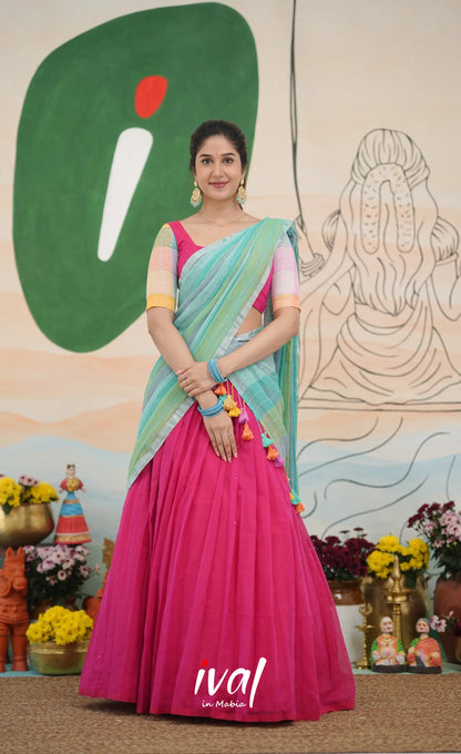 Hot pink with Pastel blue cotton Halfsaree Half Sarees