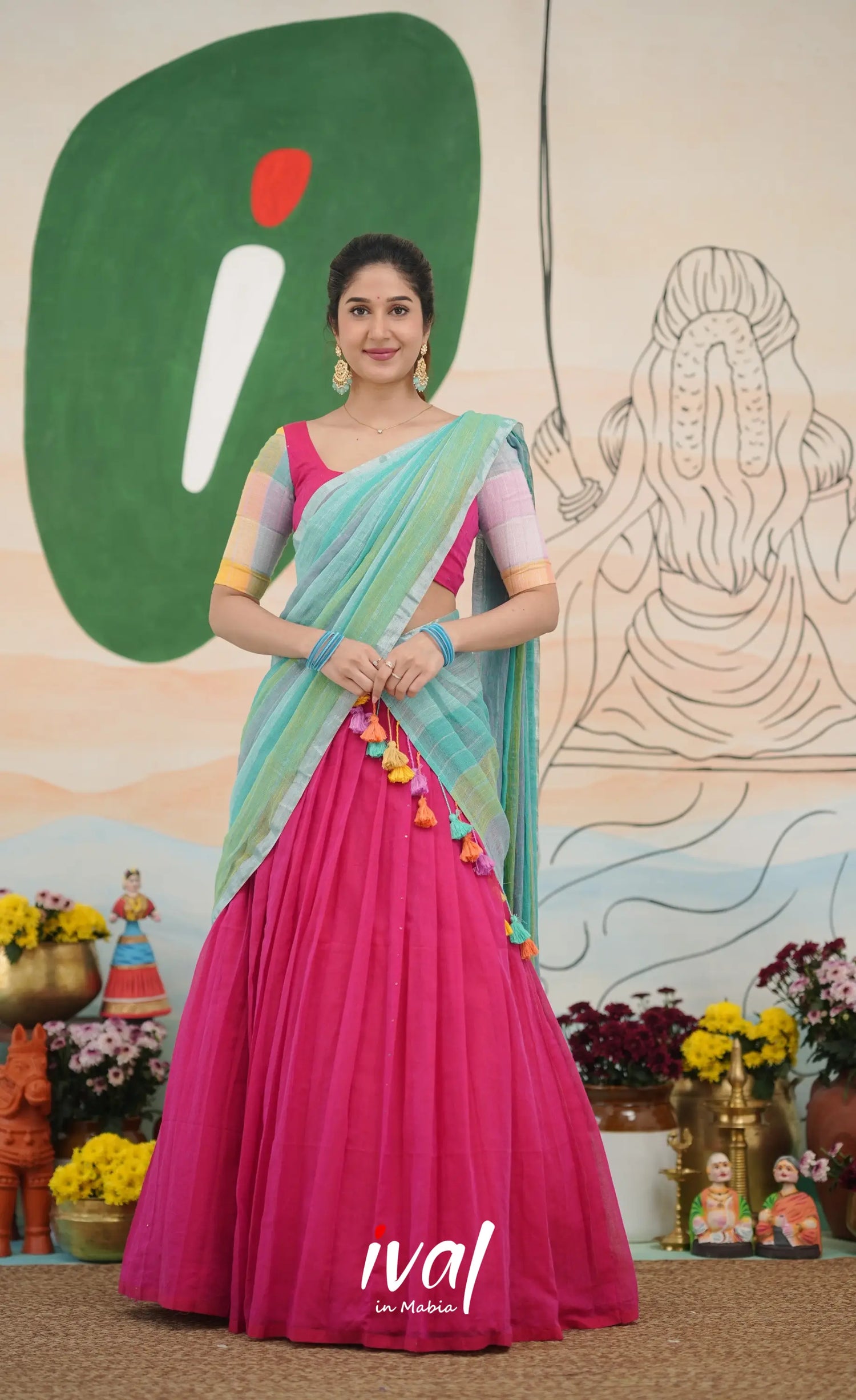 Hot pink with Pastel blue cotton Halfsaree Half Sarees