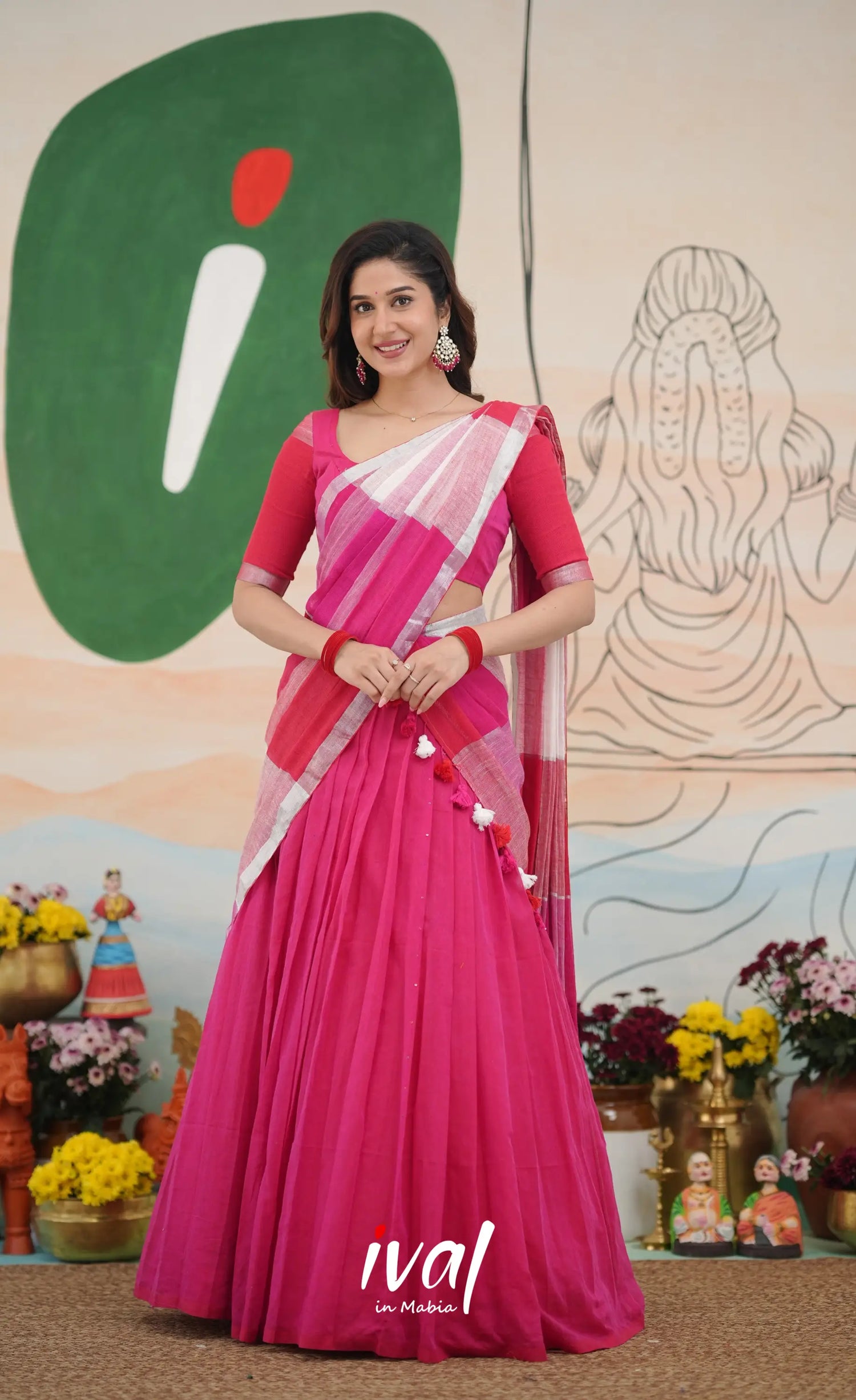 Hot pink with White cotton Halfsaree Half Sarees