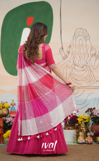 Hot pink with White cotton Halfsaree Half Sarees