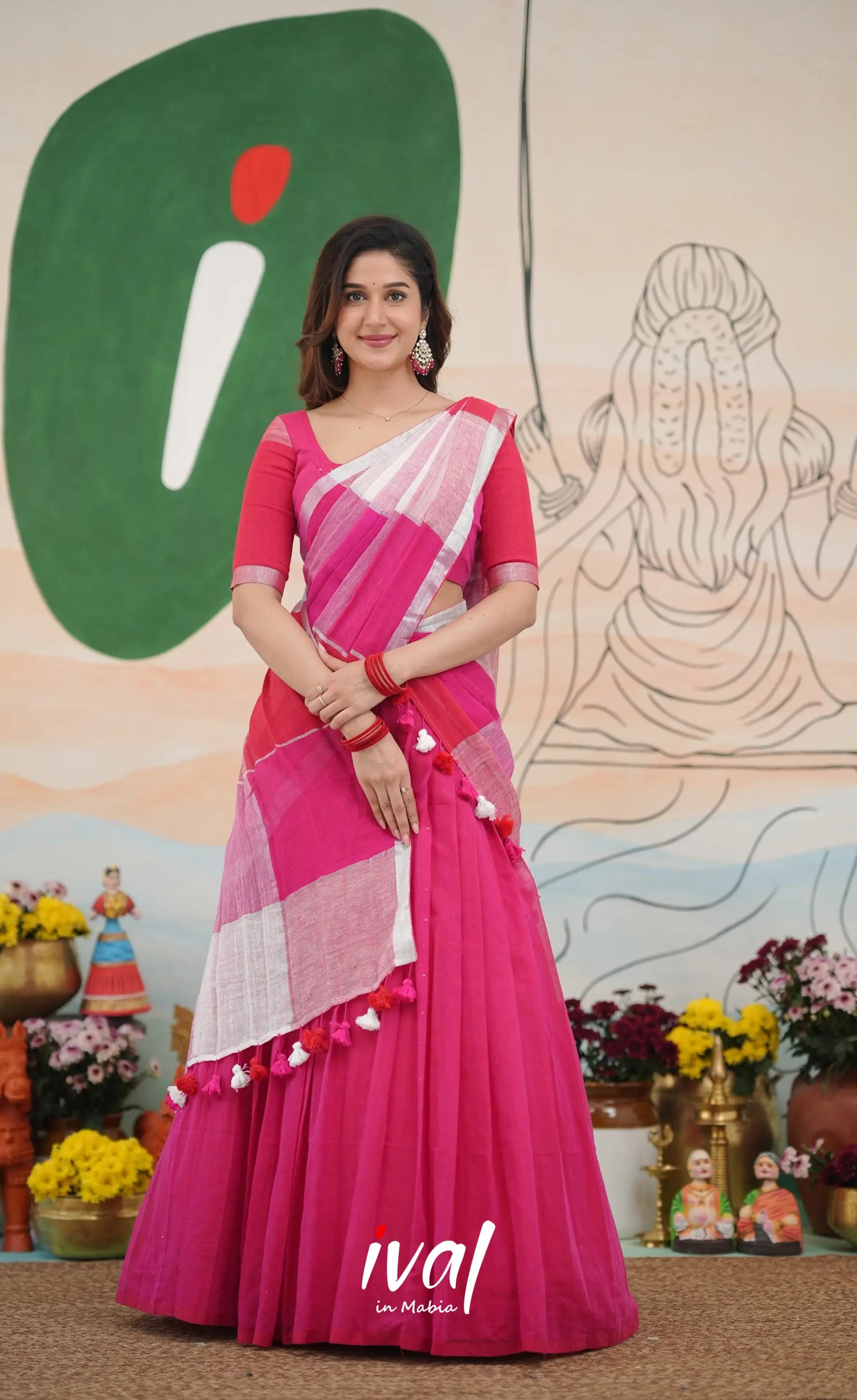 Hot pink with White cotton Halfsaree Half Sarees