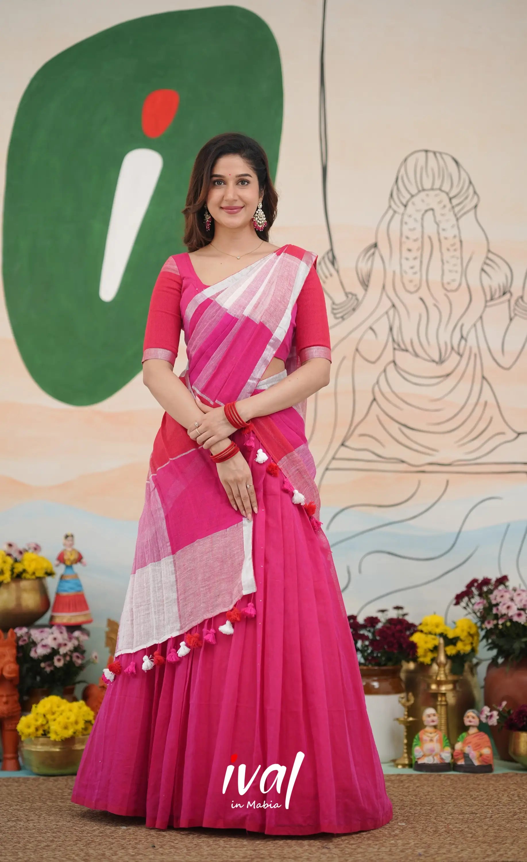 Hot pink with White cotton Halfsaree Half Sarees
