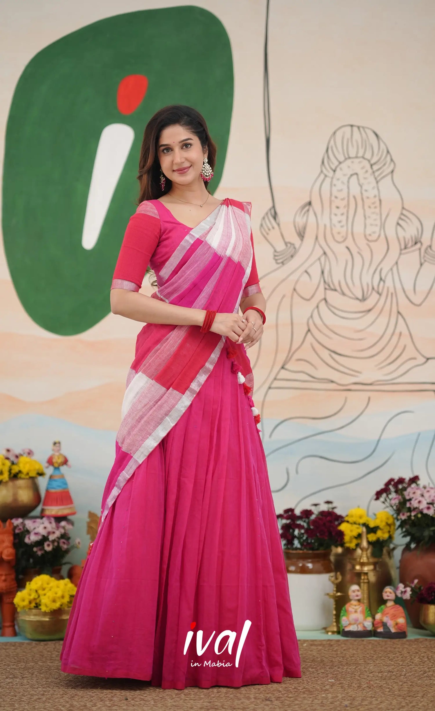 Hot pink with White cotton Halfsaree Half Sarees