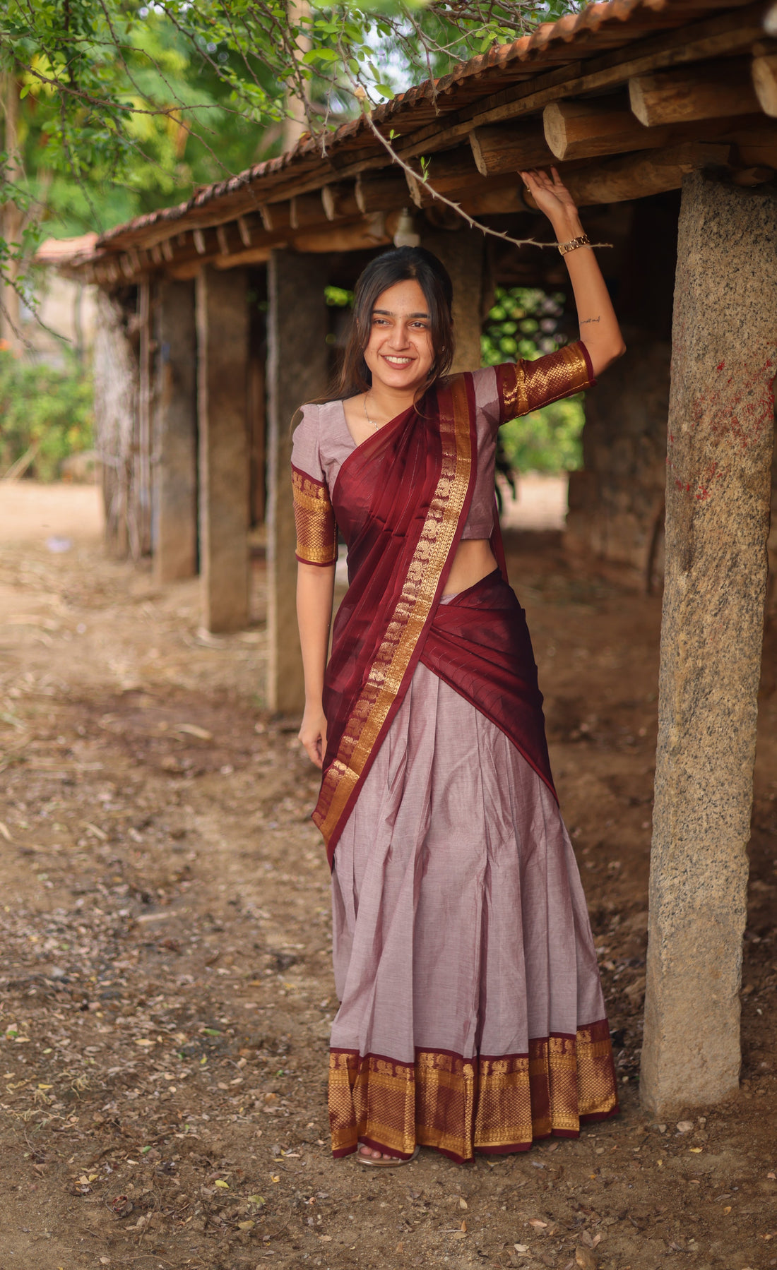 Padmaja Cotton Half Saree - Mauve and Brownish Maroon