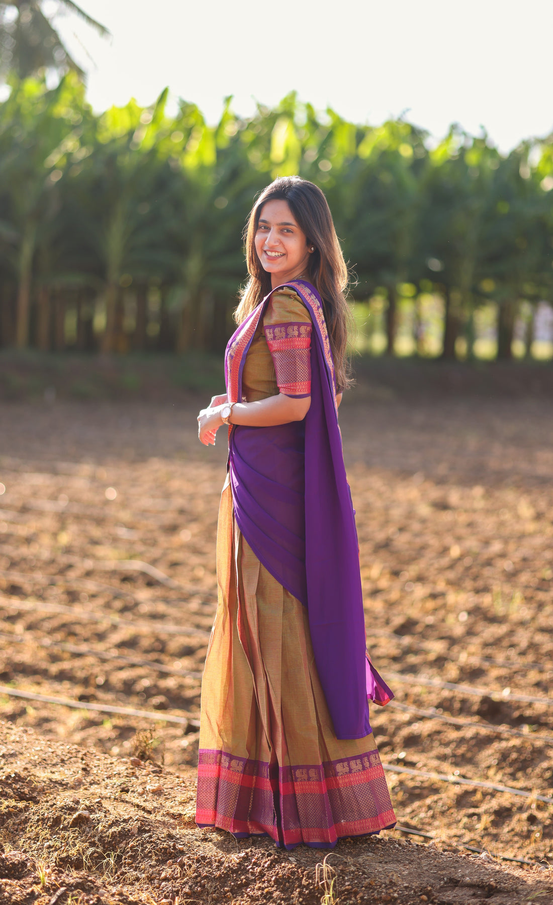 Sayuri Silk Cotton Half Saree - Light Brown and Purple