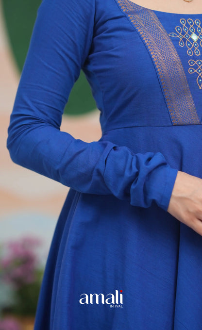 Ink Blue and Turquoise Mangalagiri Cotton Anarkali Anarkalis