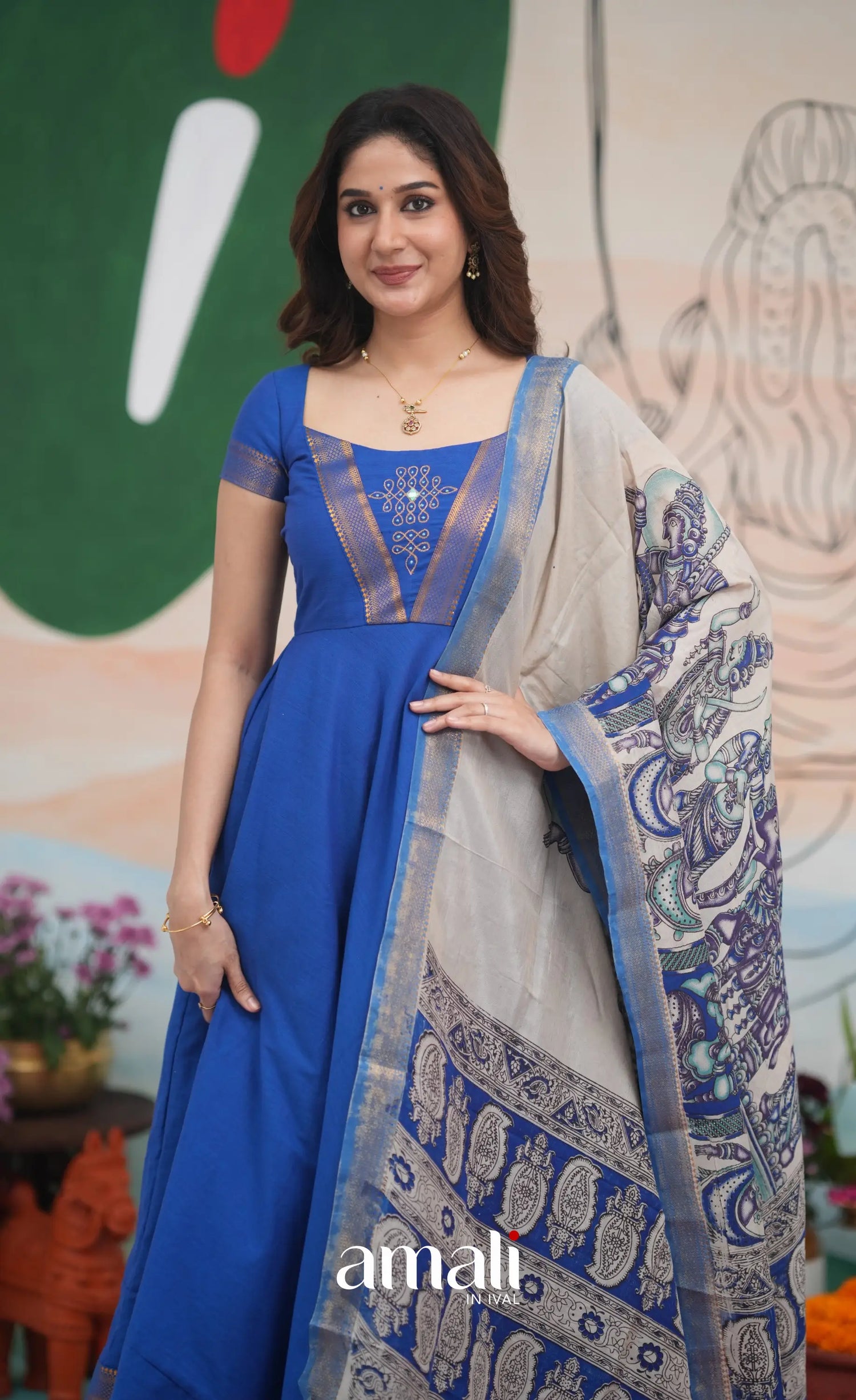 Ink Blue and Turquoise Mangalagiri Cotton Anarkali Anarkalis