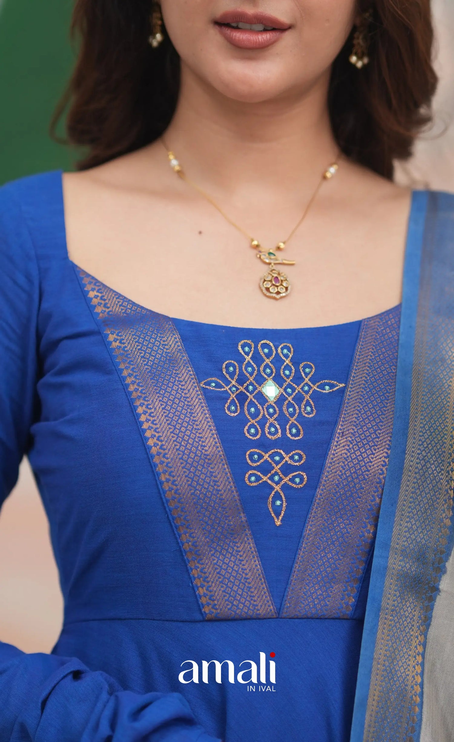 Ink Blue and Turquoise Mangalagiri Cotton Anarkali Anarkalis