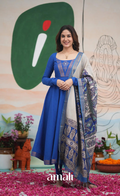 Ink Blue and Turquoise Mangalagiri Cotton Anarkali Anarkalis