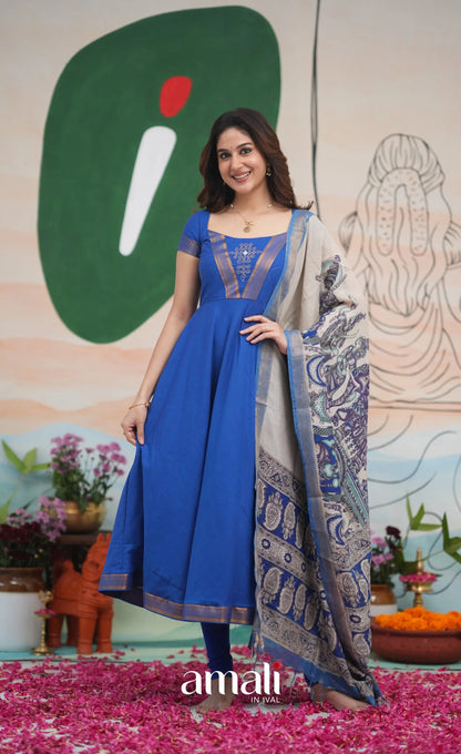 Ink Blue and Turquoise Mangalagiri Cotton Anarkali Anarkalis