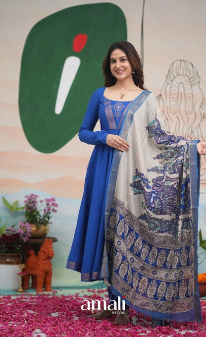 Ink Blue and Turquoise Mangalagiri Cotton Anarkali Anarkalis