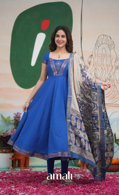 Ink Blue and Turquoise Mangalagiri Cotton Anarkali Anarkalis