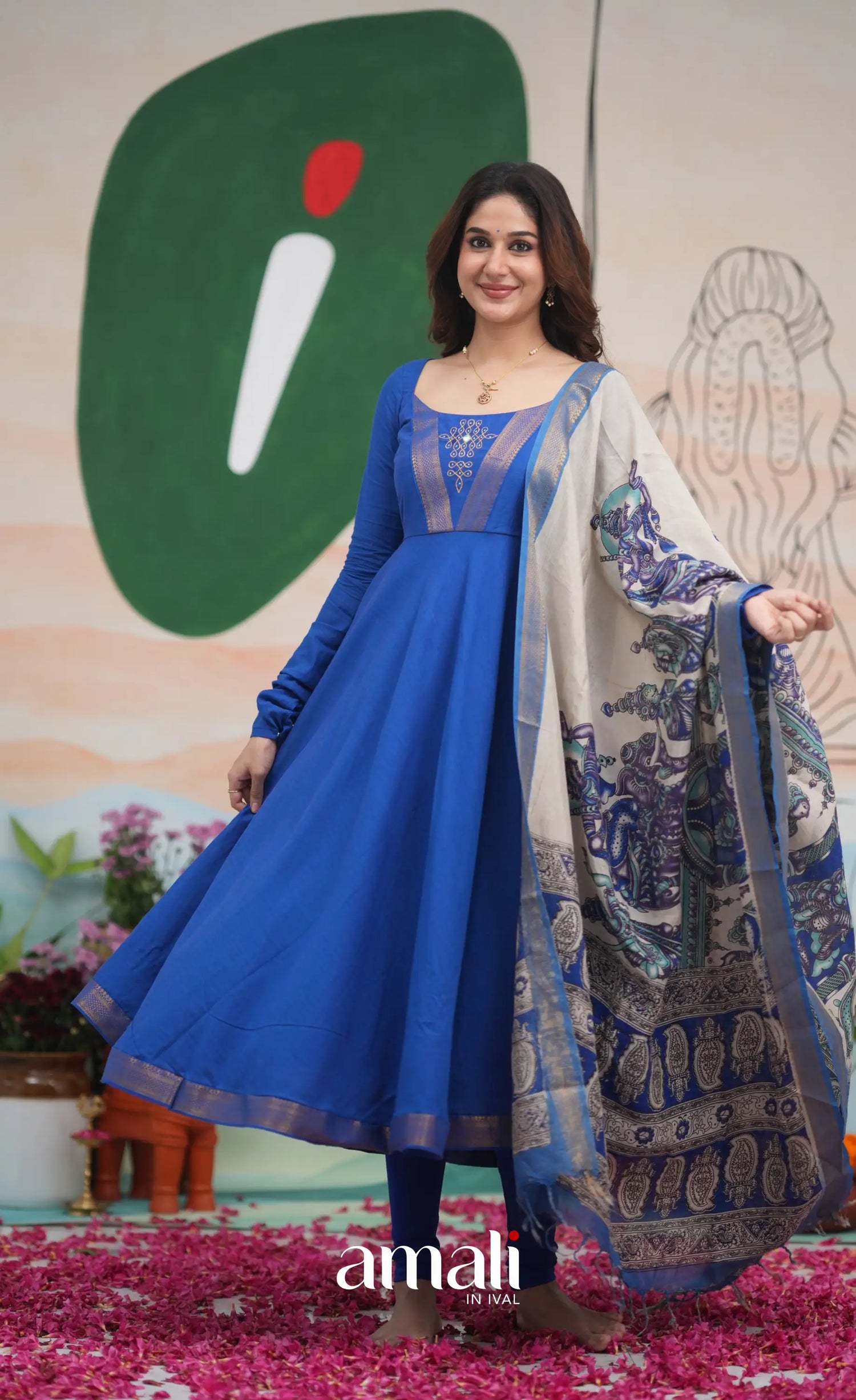 Ink Blue and Turquoise Mangalagiri Cotton Anarkali Anarkalis
