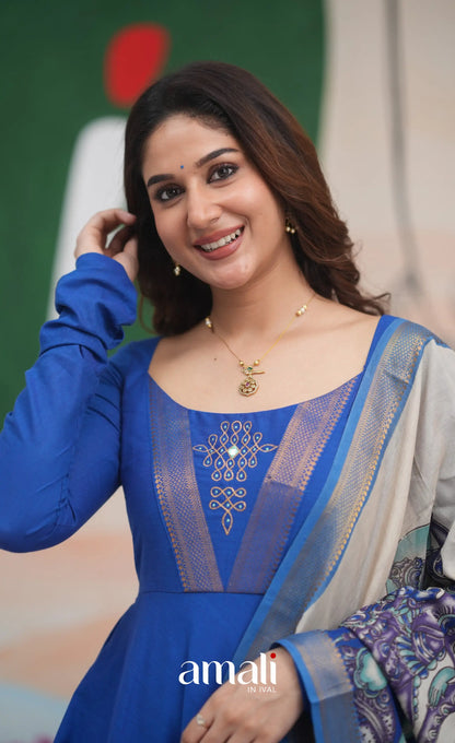 Ink Blue and Turquoise Mangalagiri Cotton Anarkali Anarkalis