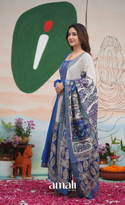 Ink Blue and Turquoise Mangalagiri Cotton Anarkali Anarkalis