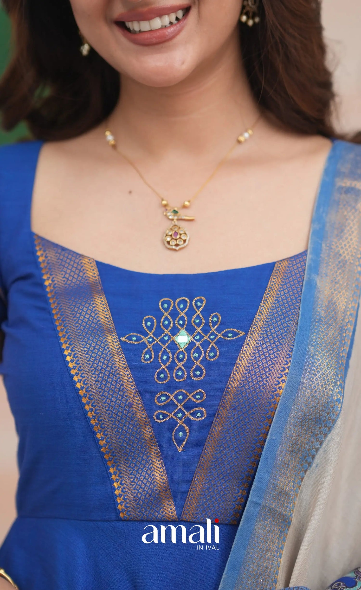 Ink Blue and Turquoise Mangalagiri Cotton Anarkali Anarkalis