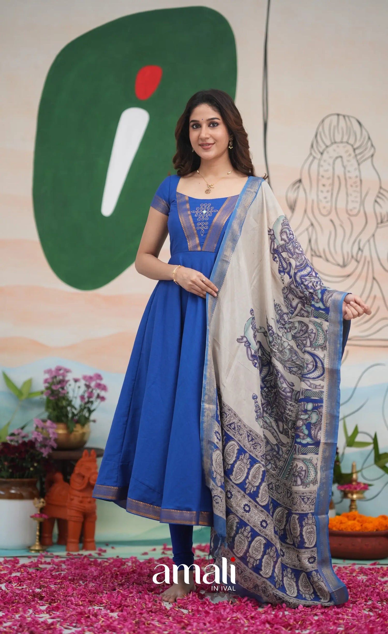 Ink Blue and Turquoise Mangalagiri Cotton Anarkali Anarkalis