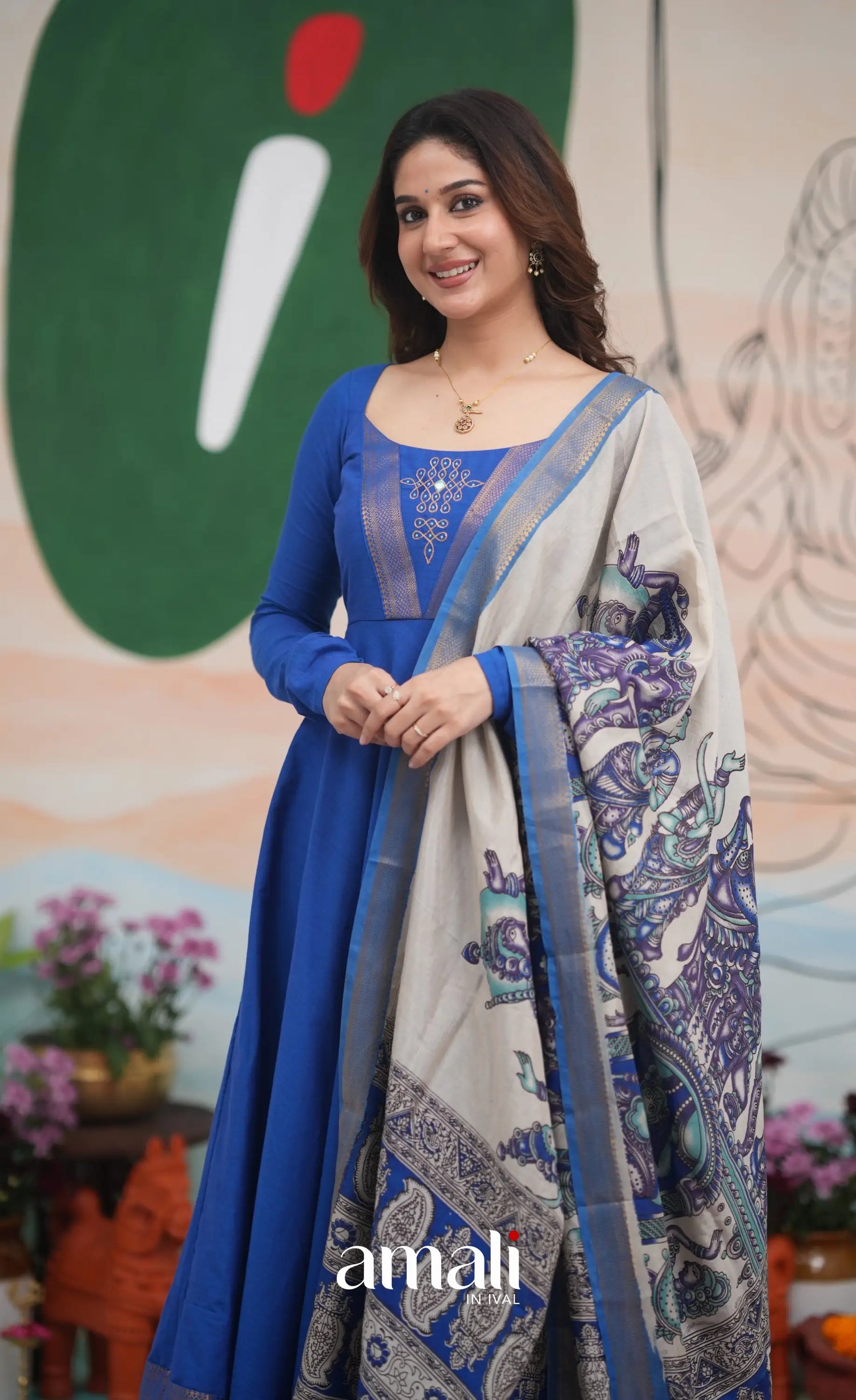 Ink Blue and Turquoise Mangalagiri Cotton Anarkali Anarkalis