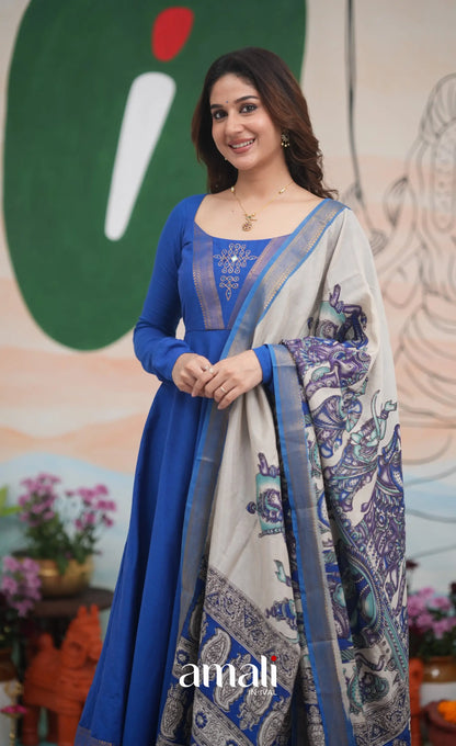 Ink Blue and Turquoise Mangalagiri Cotton Anarkali Anarkalis