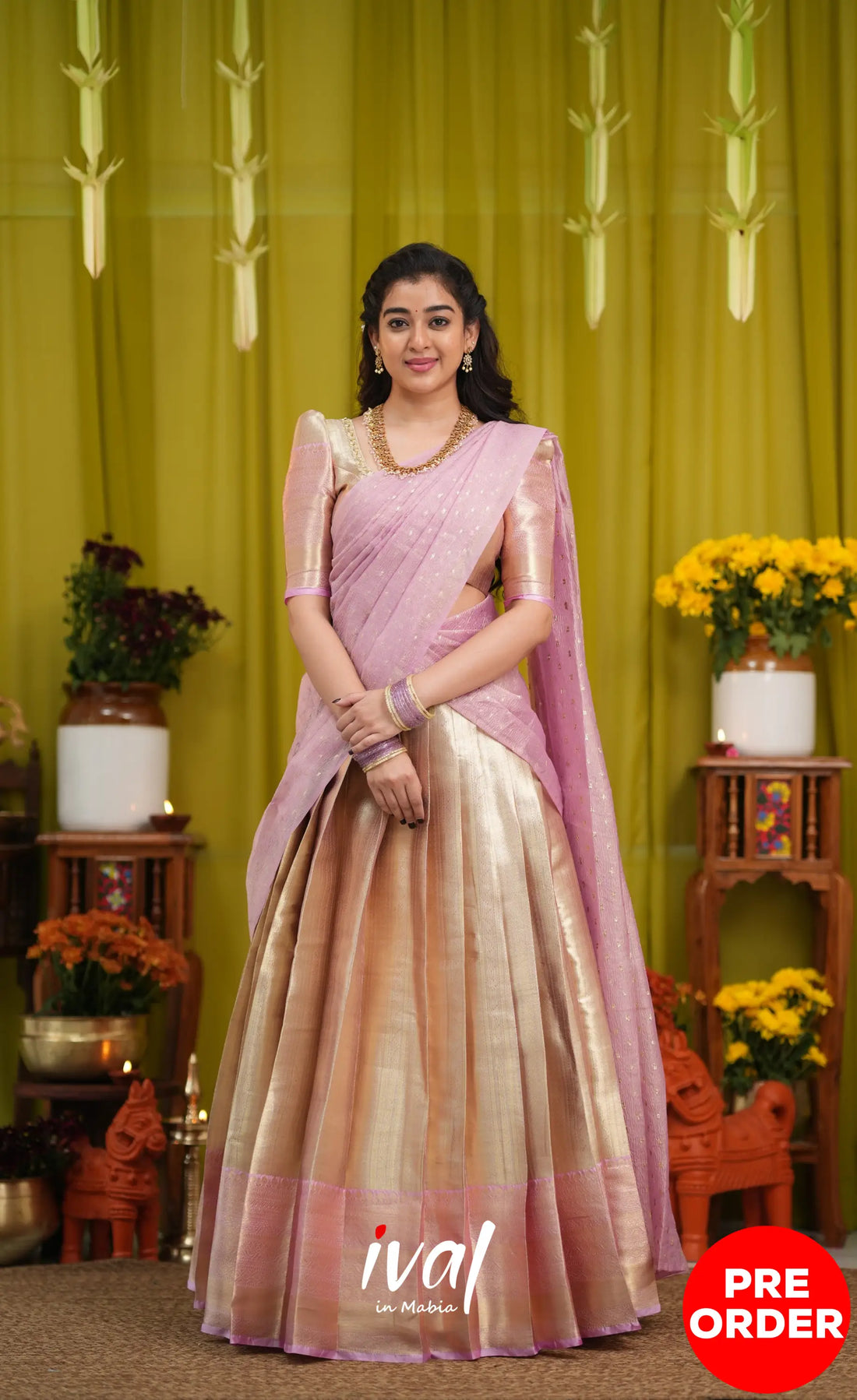 Izhaiyini Organza Halfsaree - Dual tone gold and Lilac - Half Sarees