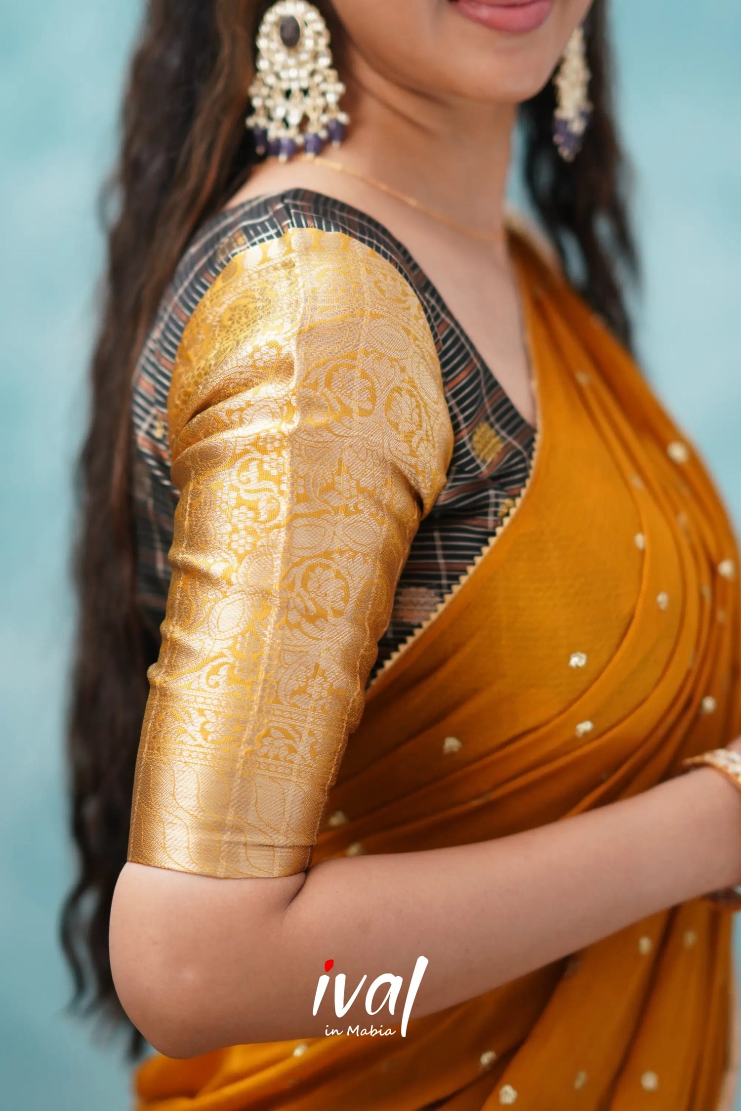Izhaiyini - Black And Mustard Gold Banarasi Tissue Halfsaree Half Sarees