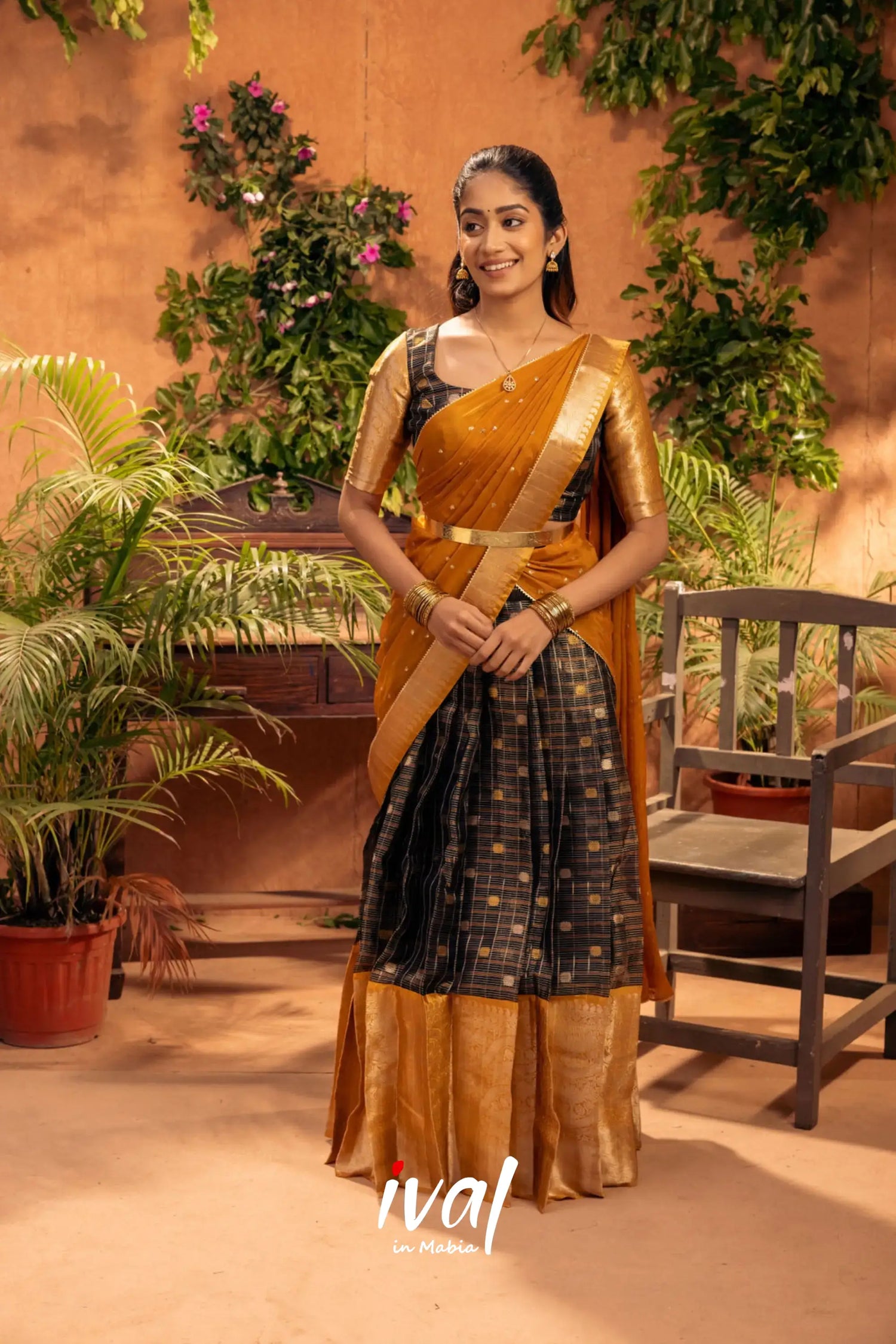 Izhaiyini - Black And Mustard Gold Banarasi Tissue Halfsaree Half Sarees