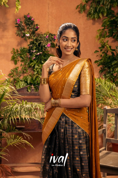 Izhaiyini - Black And Mustard Gold Banarasi Tissue Halfsaree Half Sarees