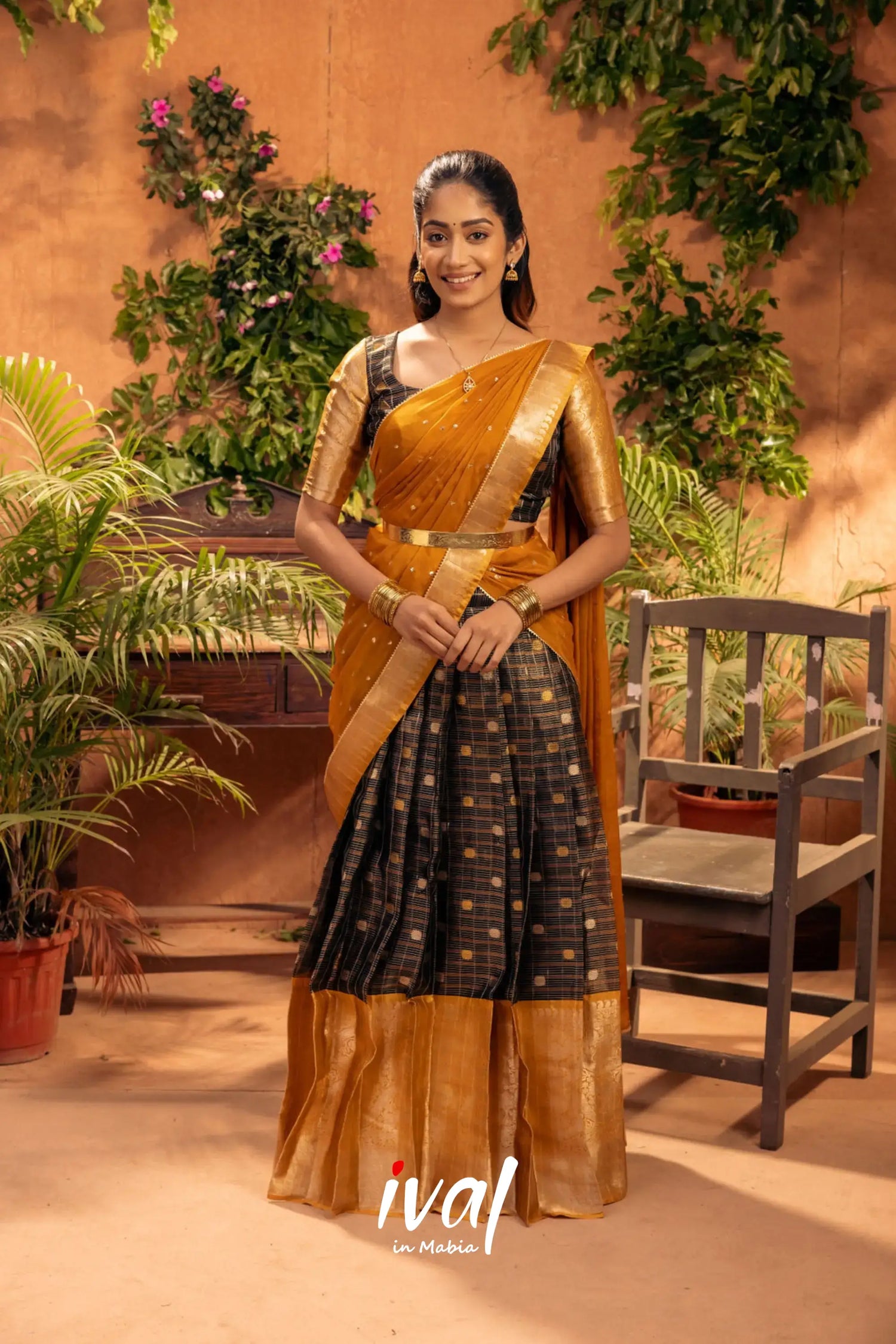 Izhaiyini - Black And Mustard Gold Banarasi Tissue Halfsaree Half Sarees