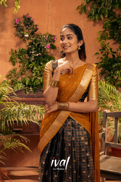 Izhaiyini - Black And Mustard Gold Banarasi Tissue Halfsaree Half Sarees