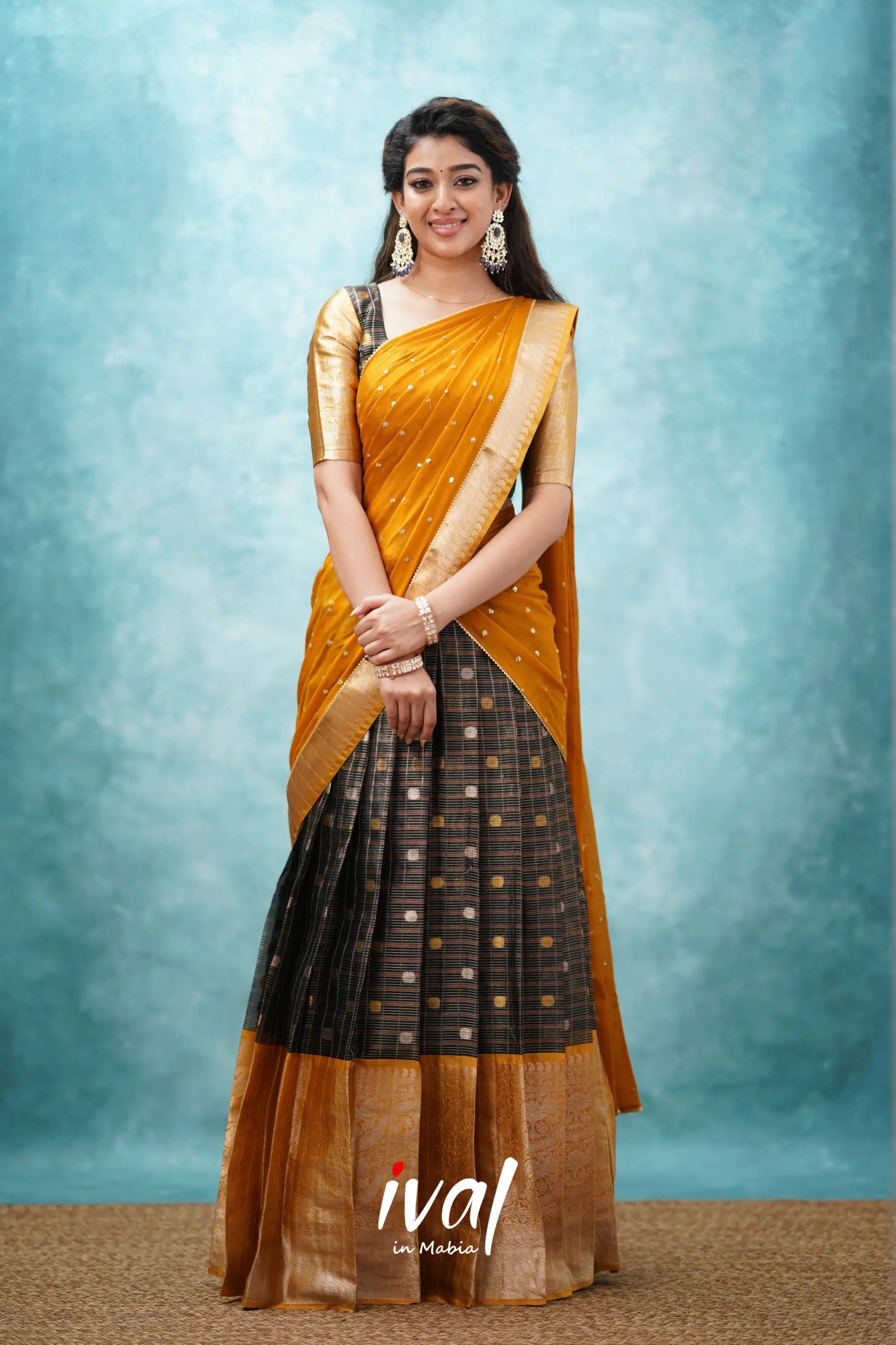 Izhaiyini - Black And Mustard Gold Banarasi Tissue Halfsaree Half Sarees