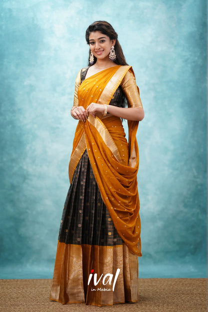 Izhaiyini - Black And Mustard Gold Banarasi Tissue Halfsaree Half Sarees