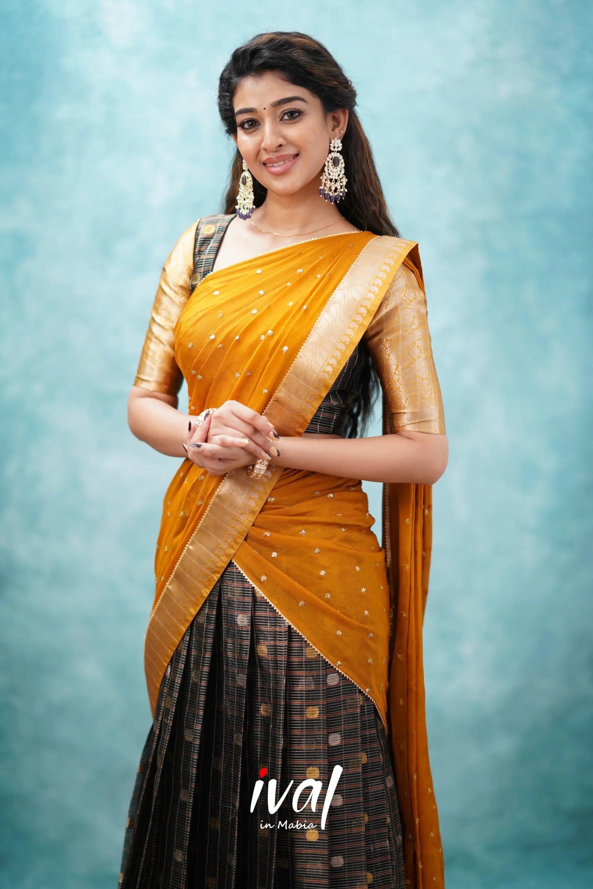 Izhaiyini - Black And Mustard Gold Banarasi Tissue Halfsaree Half Sarees