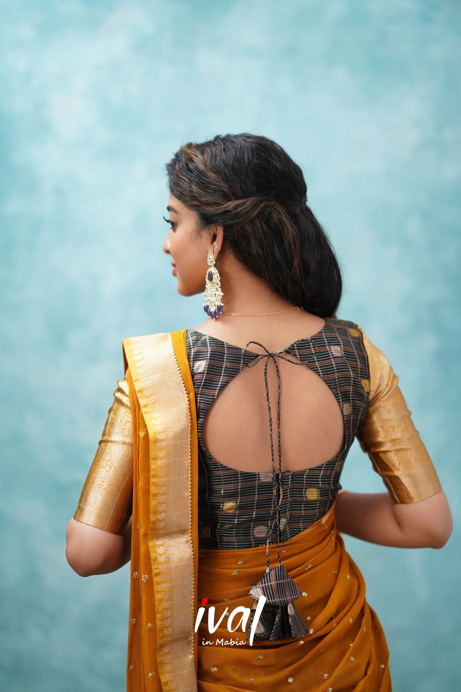 Izhaiyini - Black And Mustard Gold Banarasi Tissue Halfsaree Half Sarees