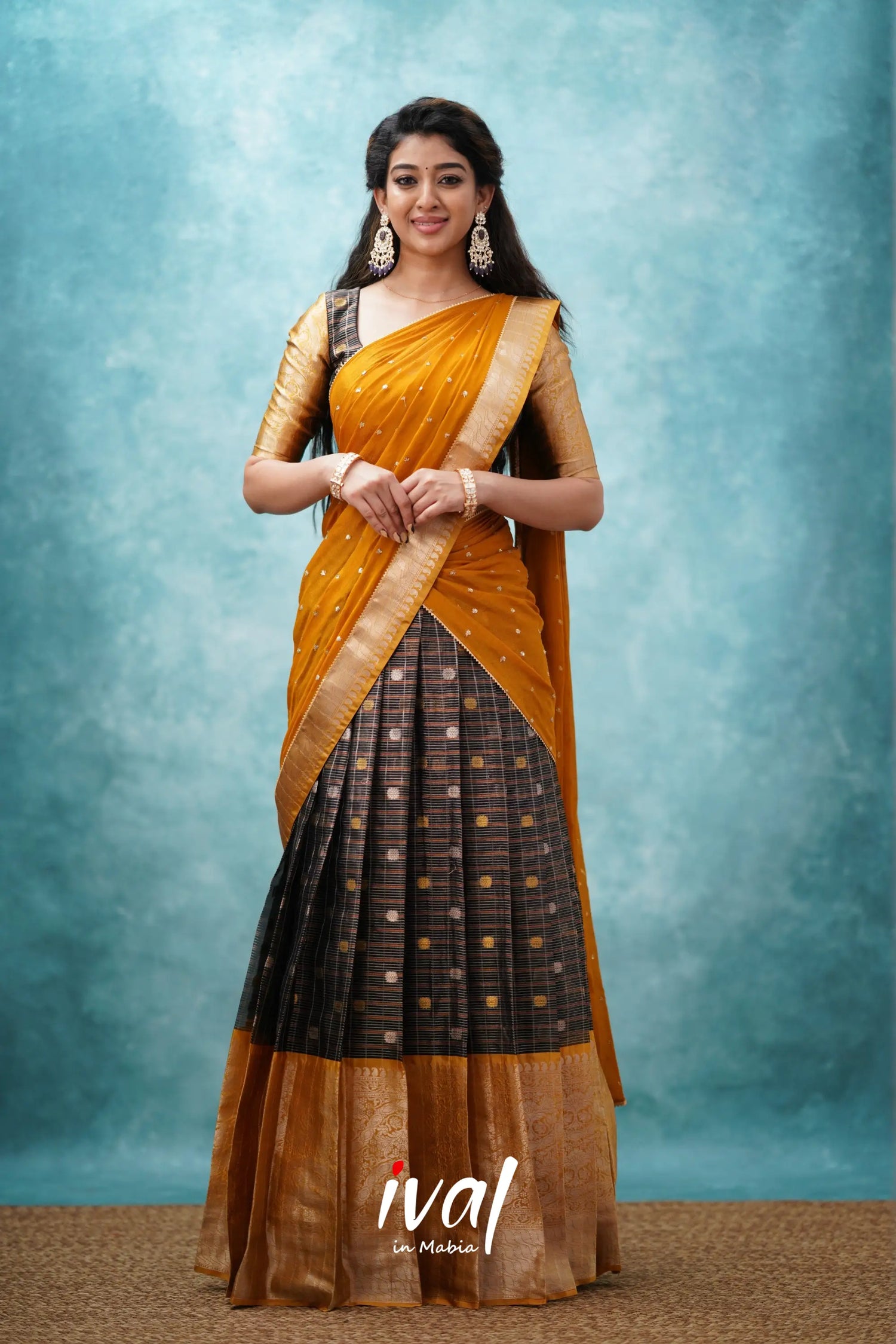 Izhaiyini - Black And Mustard Gold Banarasi Tissue Halfsaree Half Sarees