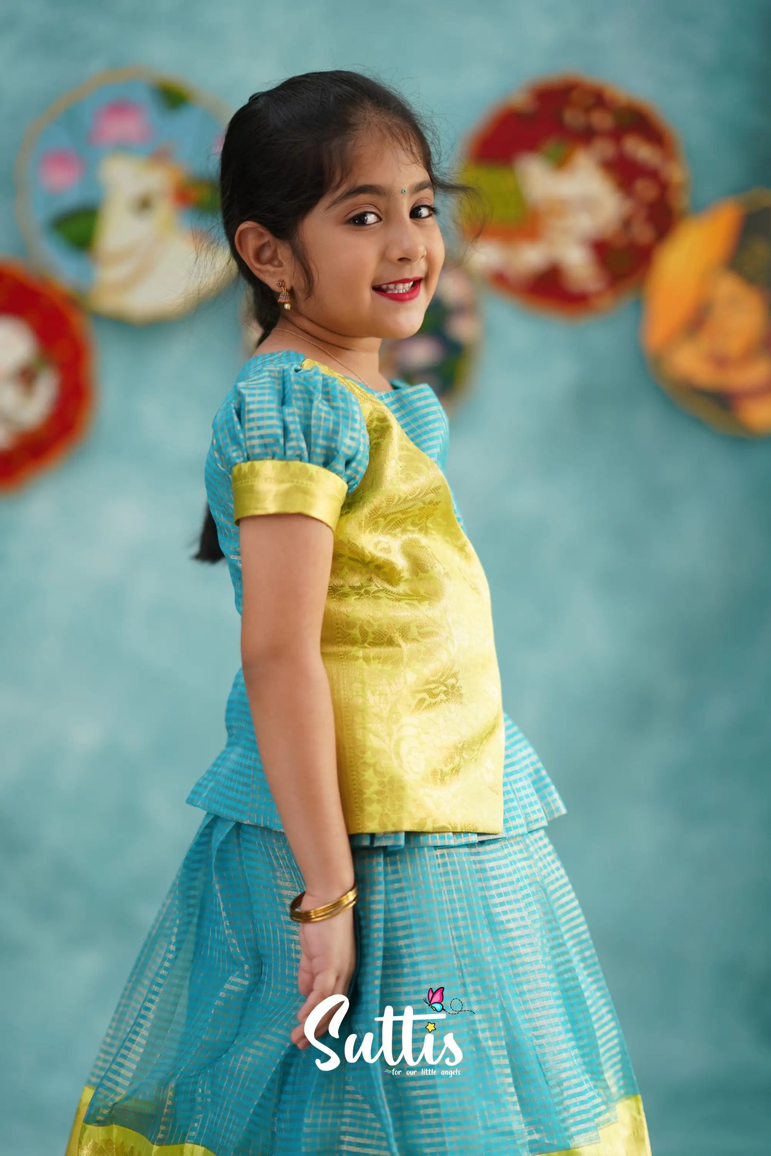 Izhaiyini - Blue Organza Top And Skirt Kids-Suttis