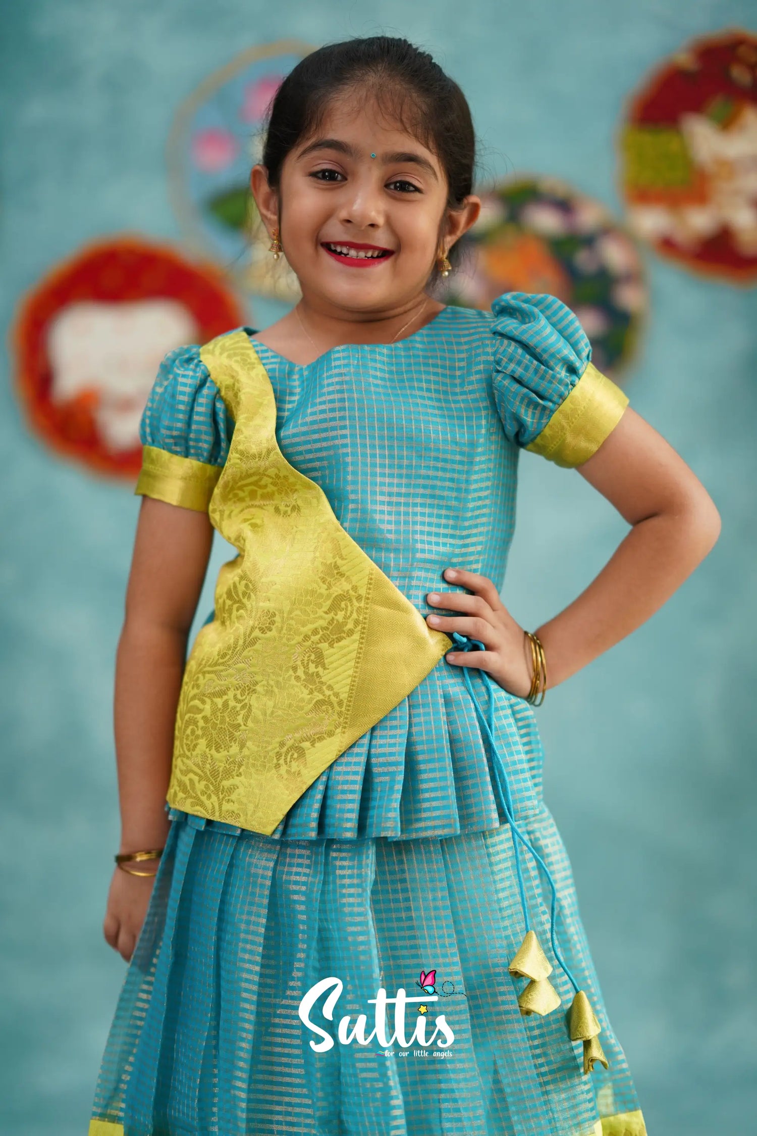 Izhaiyini - Blue Organza Top And Skirt Kids-Suttis