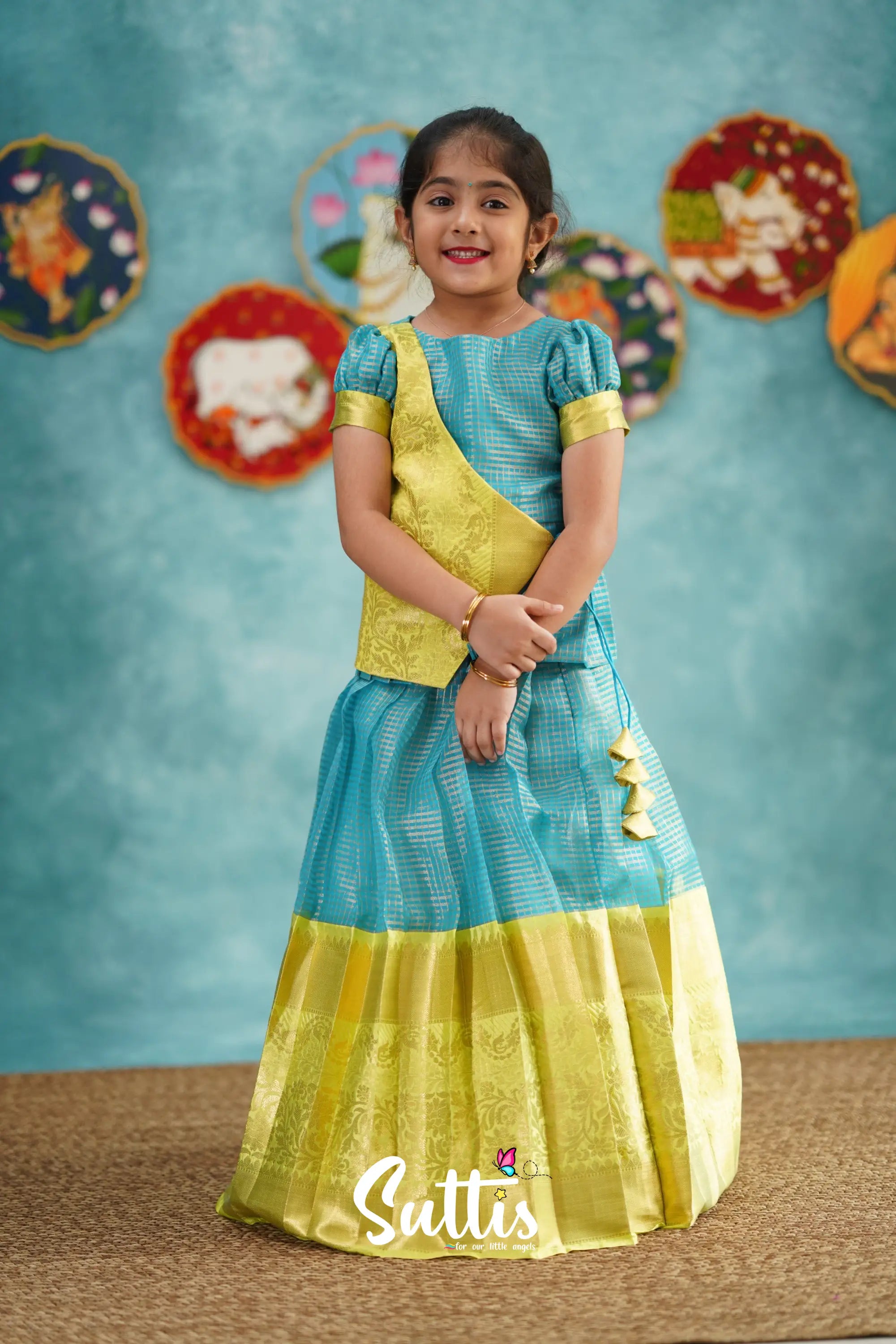 Izhaiyini - Blue Organza Top And Skirt Kids-Suttis