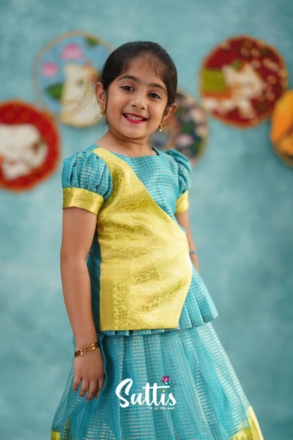 Izhaiyini - Blue Organza Top And Skirt Kids-Suttis