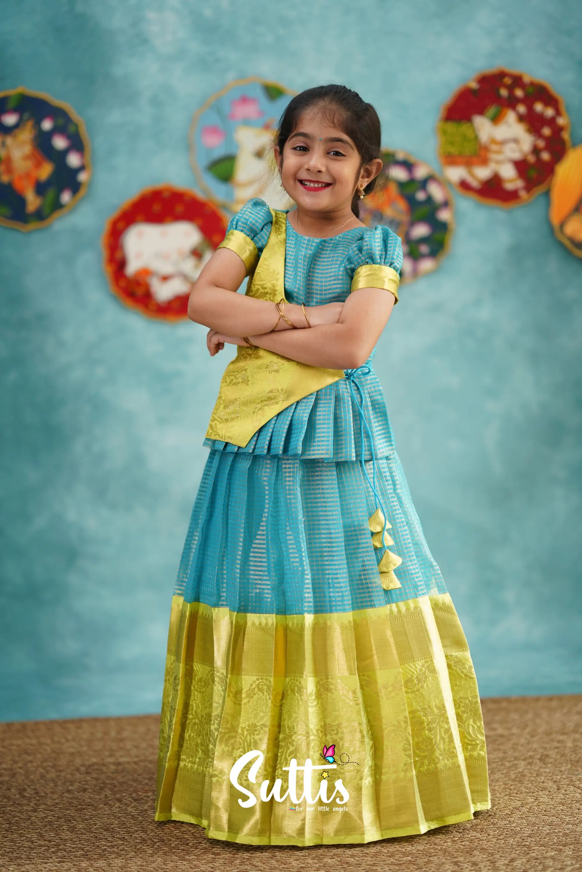 Izhaiyini - Blue Organza Top And Skirt Kids-Suttis