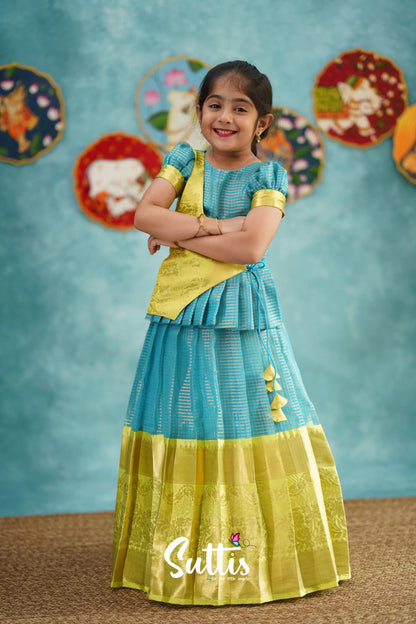 Izhaiyini - Blue Organza Top And Skirt Kids-Suttis