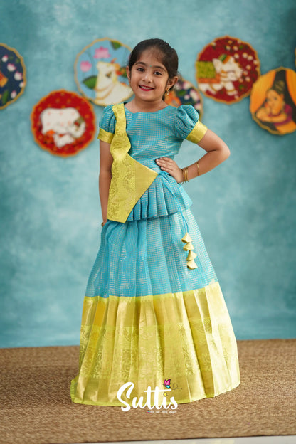 Izhaiyini - Blue Organza Top And Skirt Kids-Suttis