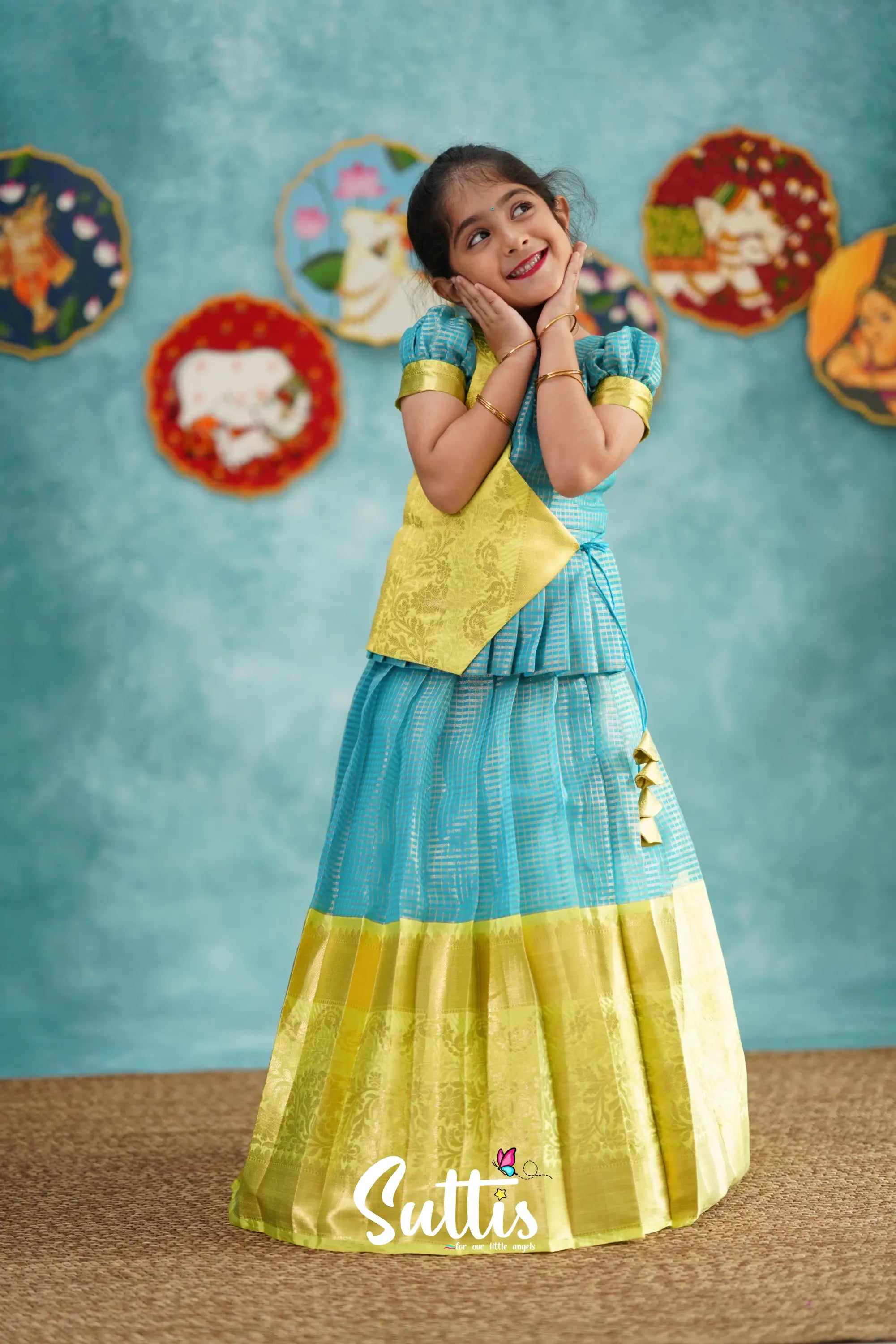 Izhaiyini - Blue Organza Top And Skirt Kids-Suttis