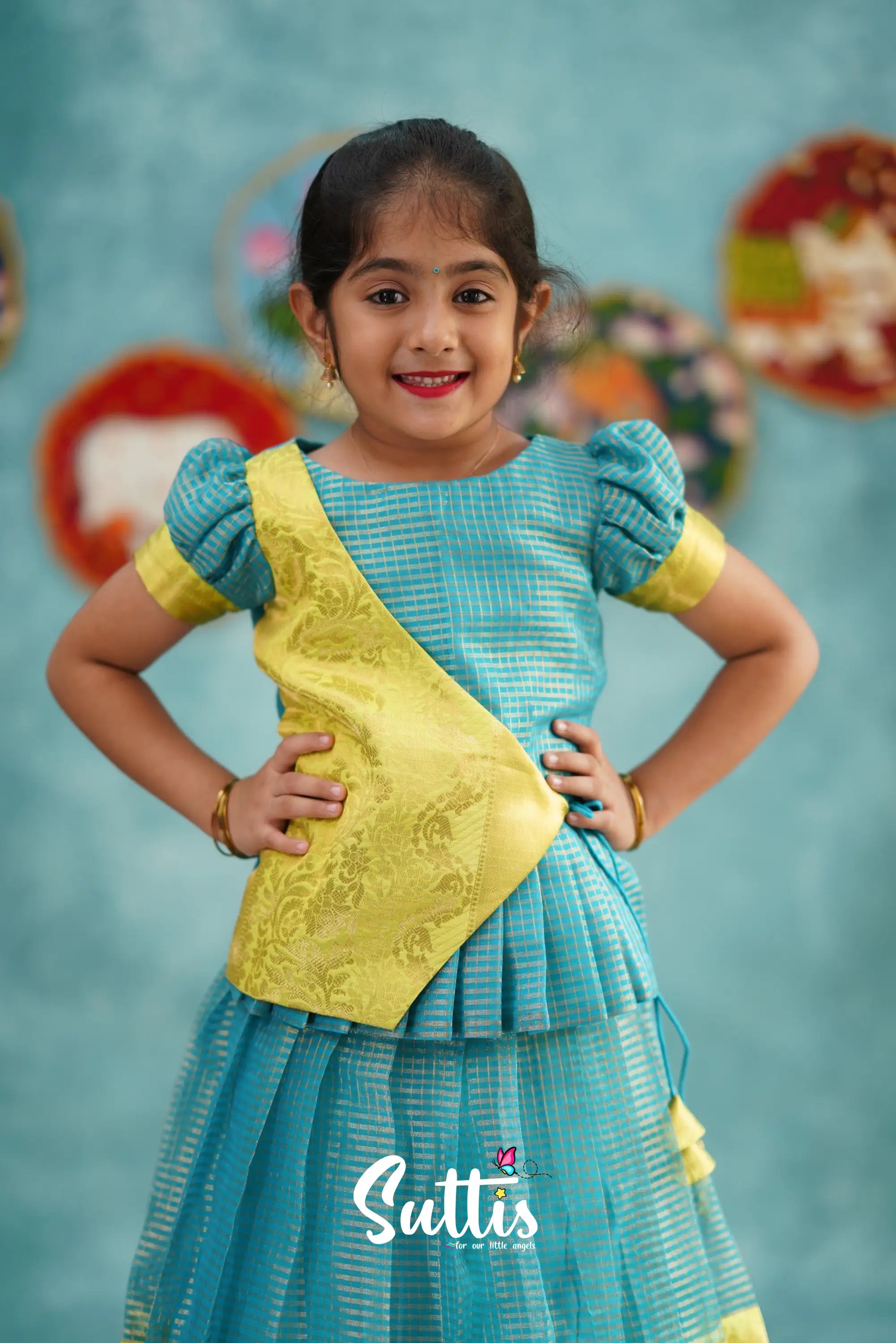 Izhaiyini - Blue Organza Top And Skirt Kids-Suttis