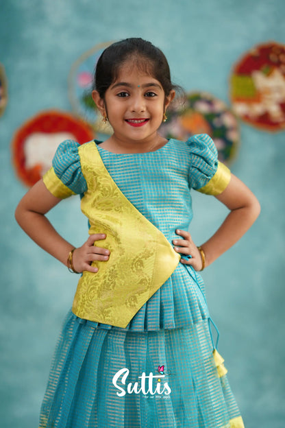 Izhaiyini - Blue Organza Top And Skirt Kids-Suttis