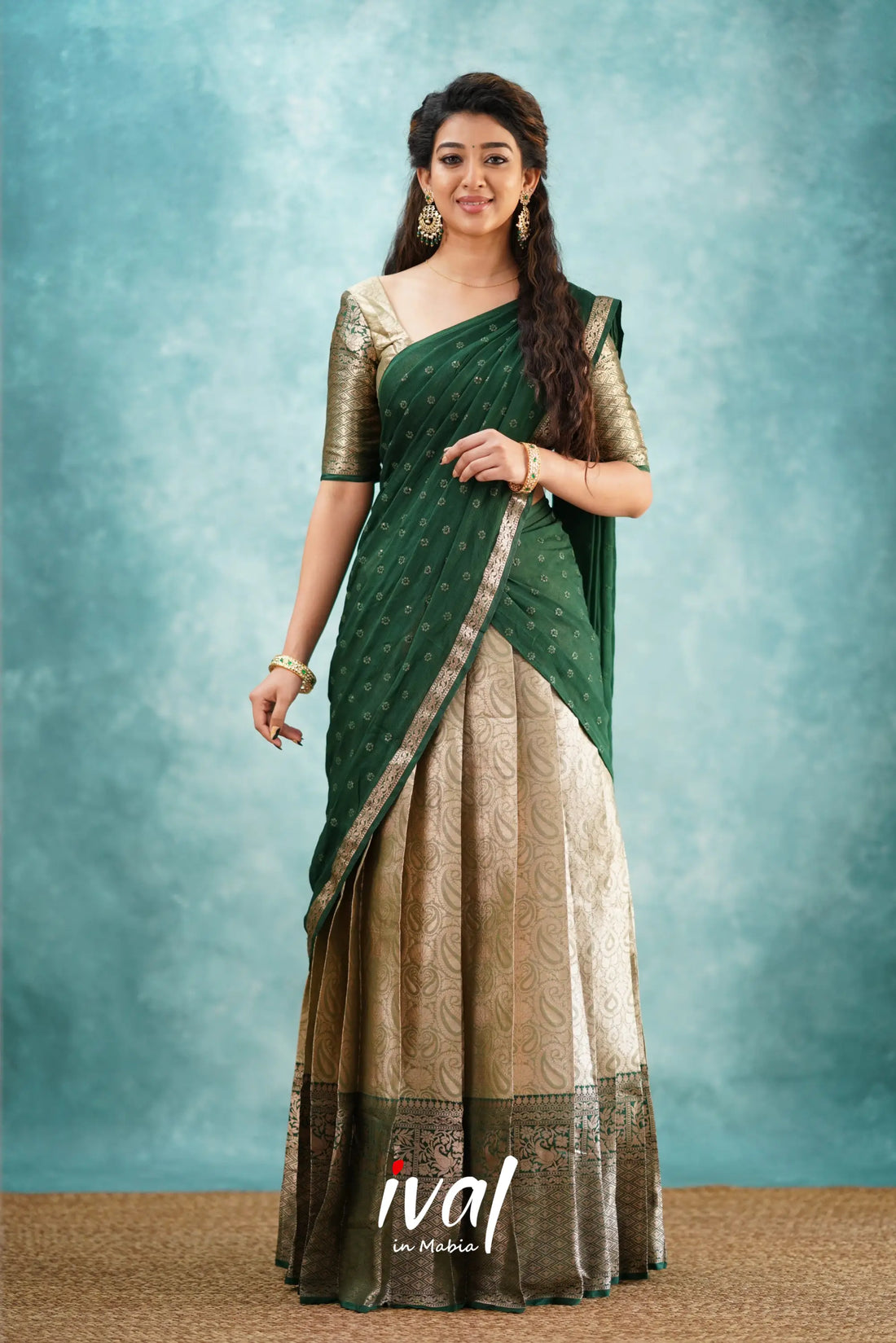 Izhaiyini - Bottle Green Banarasi Tissue Halfsaree Half Sarees