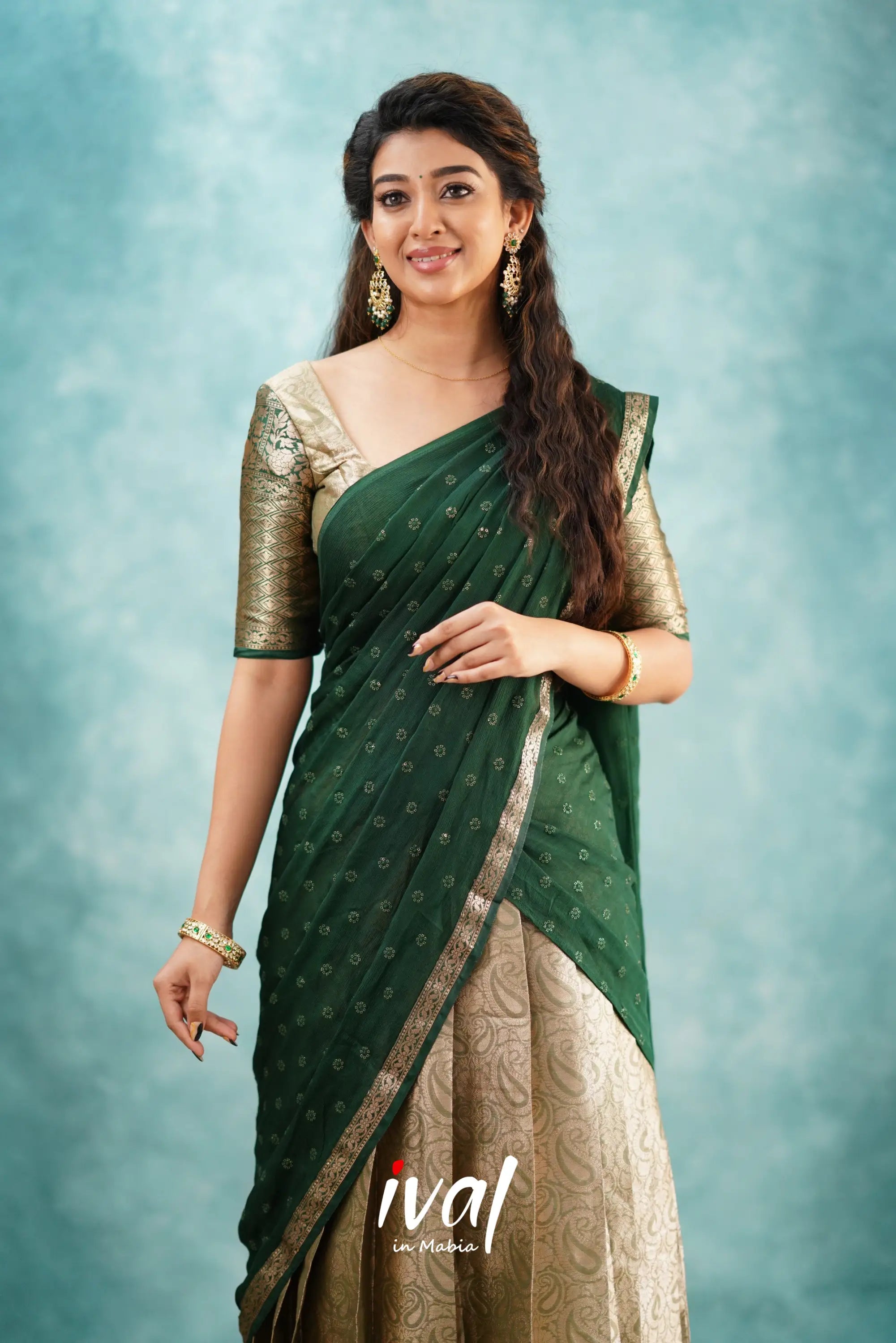 Izhaiyini - Bottle Green Banarasi Tissue Halfsaree Half Sarees