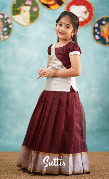 Izhaiyini - Brownish Maroon Shade And Silver Tissue Organza Pavadai Sattai Kids-Suttis