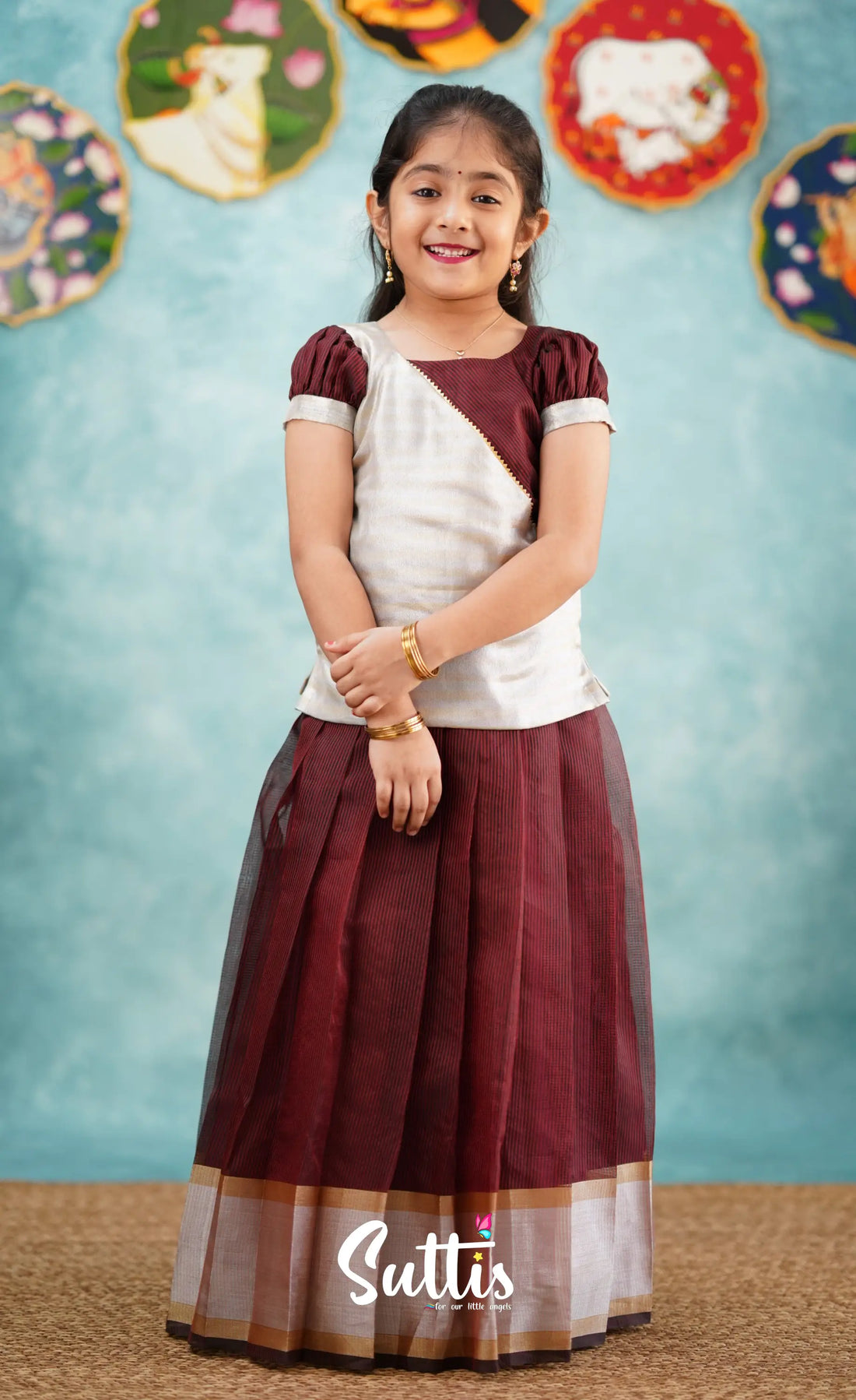 Izhaiyini - Brownish Maroon Shade And Silver Tissue Organza Pavadai Sattai Kids-Suttis